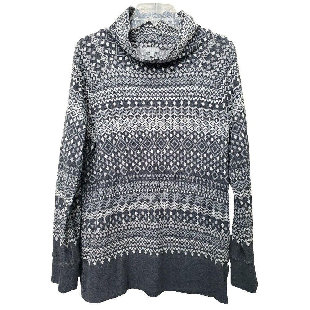 T by Talbots Gray Funnel Neck Icelandic Fair Isle Print Sweatshirt Size Medium